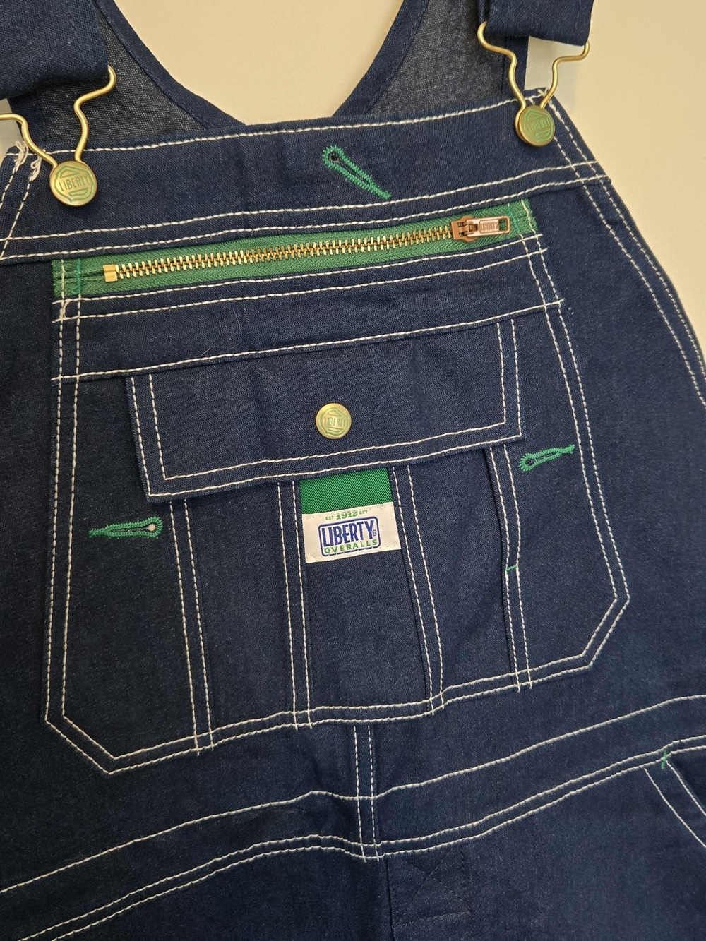 liberty Dark Blue Denim Relaxed Men's Overalls with Green Trim NWTAGS, 08/2014 - Picture 2 of 15